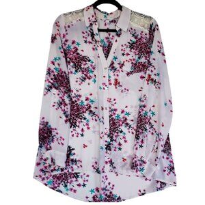 Sheer Floral Button-Up Blouse Lace Shoulder Detail | Women’s Top CANDIES Brand